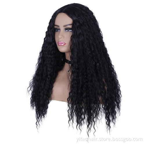 FZY Wholesale Price Good Omens Cosplay natural black middle part long water wave curly  Synthetic hair Wigs Vendor